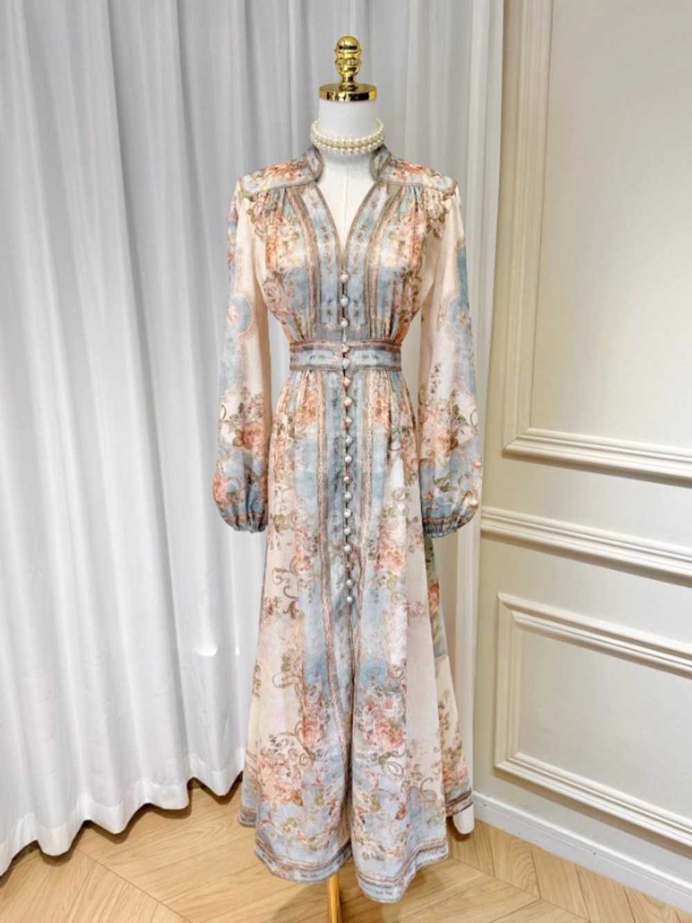 Floral Long Sleeve Maxi Dress in Pastel Blue and Peach